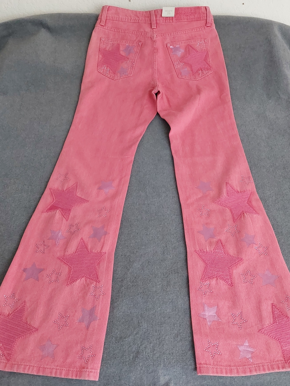 Grace in LA Pink Star Sequin Flare Jeans Women Size 25 High Waist Embellished - Picture 6 of 11
